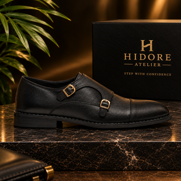Black Rubber Sole Cow Leather Formal Double Monk Style