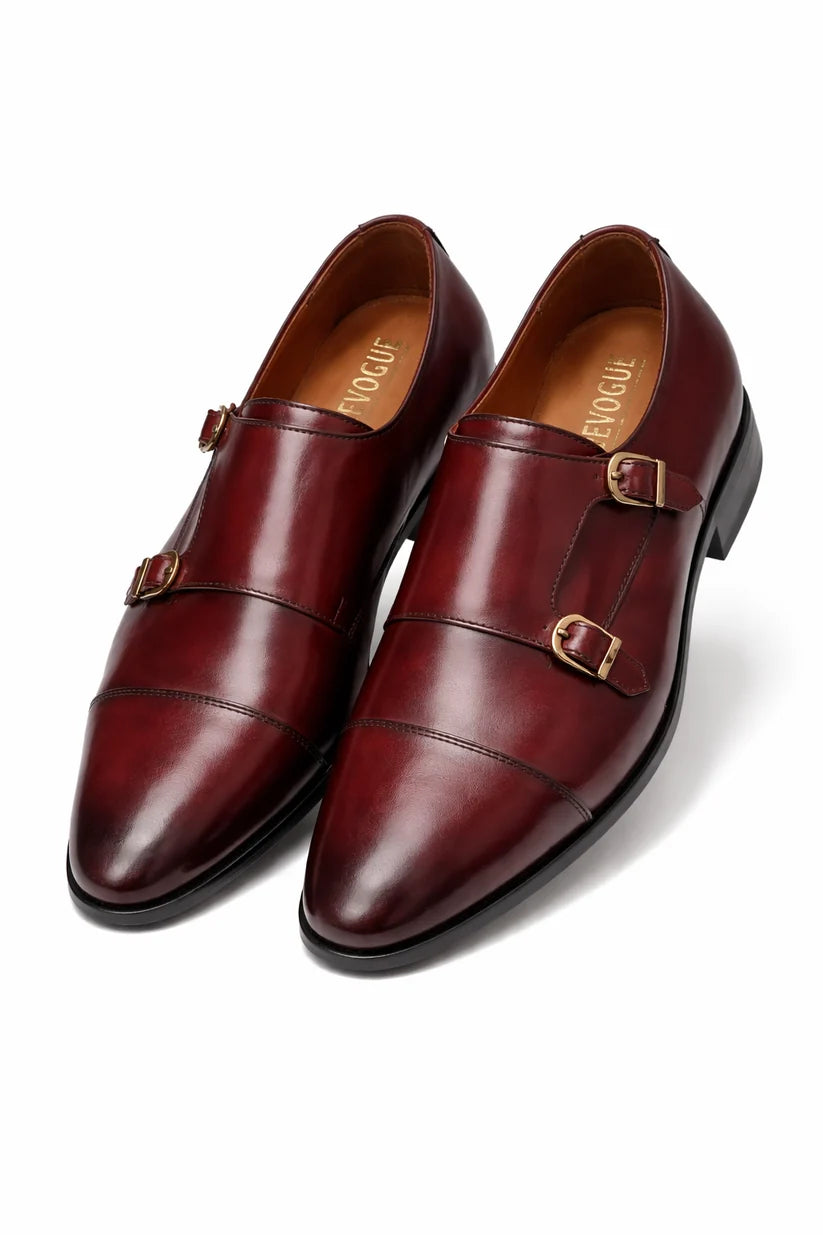 Burgundy Cow Leather Formal Double Monk Style