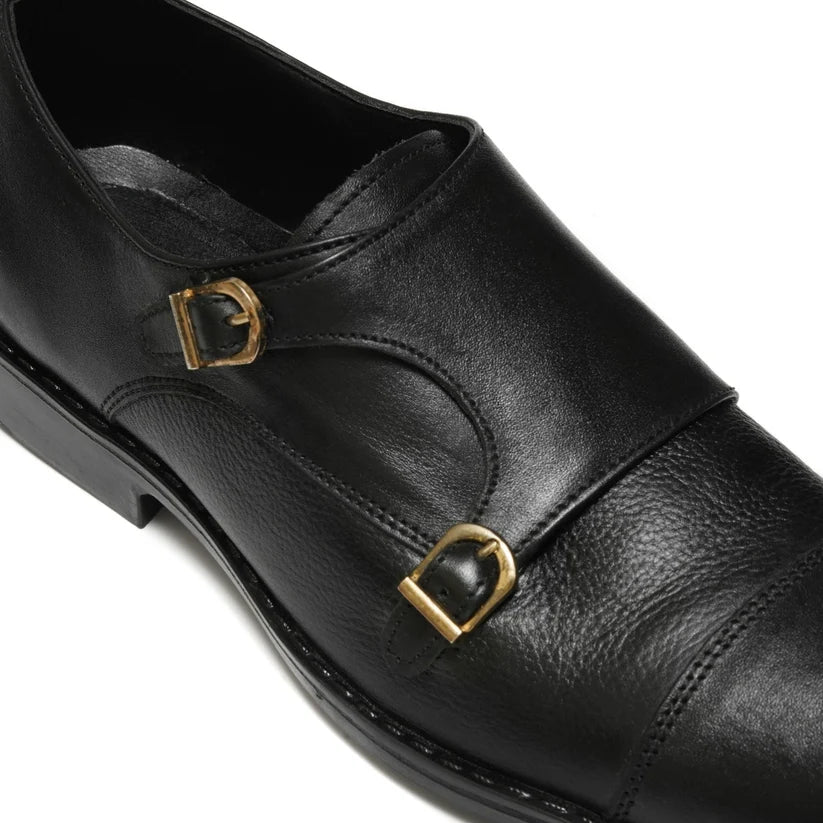 Black Rubber Sole Cow Leather Formal Double Monk Style